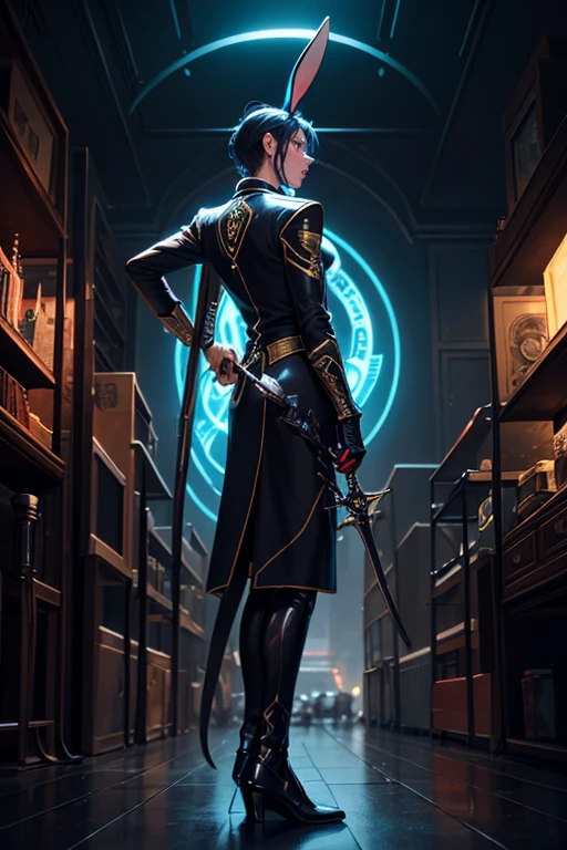 human Sorcerer secret agent, full body, wearing an elegant suit made with fine fabric and with magic circuits, holding in both hands a sword with a long handle with magical carved details glowing, whole rabbit ears, human face, glowing eyes, RPG fantasy, tanned skin, neon punk, art book, Studio ghibli, wide setting, in the middle of a magical cyber punk retro metropolis, magical light reflected in the hair and ear, aura of light, stylish pose, side view