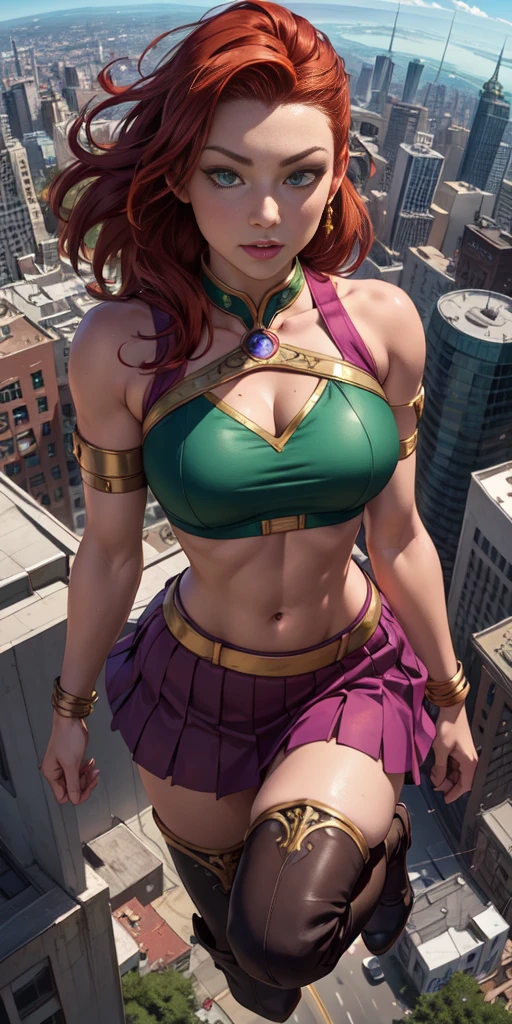 (masterpiece, best quality, 4k, detailed, intricate, realistic),floating in midair,above city,from above,fisheye lens,starfire,orange skin, red hair,gorget, crop top, armlet, vambraces, midriff, skirt, purple skirt, thigh boots,green eyes