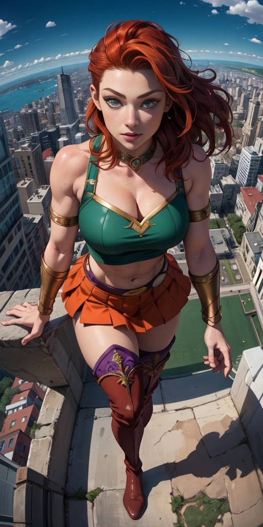 (masterpiece, best quality, 4k, detailed, intricate, realistic),floating in midair,above city,from above,fisheye lens,starfire,orange skin, red hair,gorget, crop top, armlet, vambraces, midriff, skirt, purple skirt, thigh boots,green eyes 