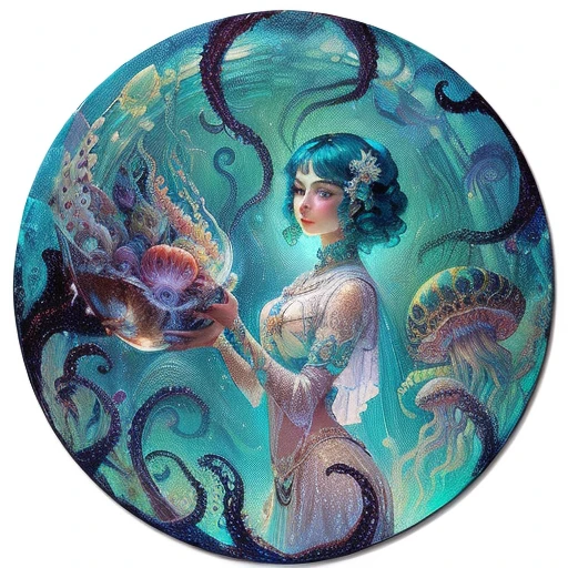 painting of a woman holding a large bowl of food in a circle, jellyfish priestess, portrait of an octopus goddess, octopus goddess, art noveau painting, inspired by Malczewski, inspired by Leonor Fini, inspired by Hovsep Pushman, inspired by Amanda Sage, a beautiful artwork illustration, jellyfish shrine maiden, inspired by Dorothea Tanning
