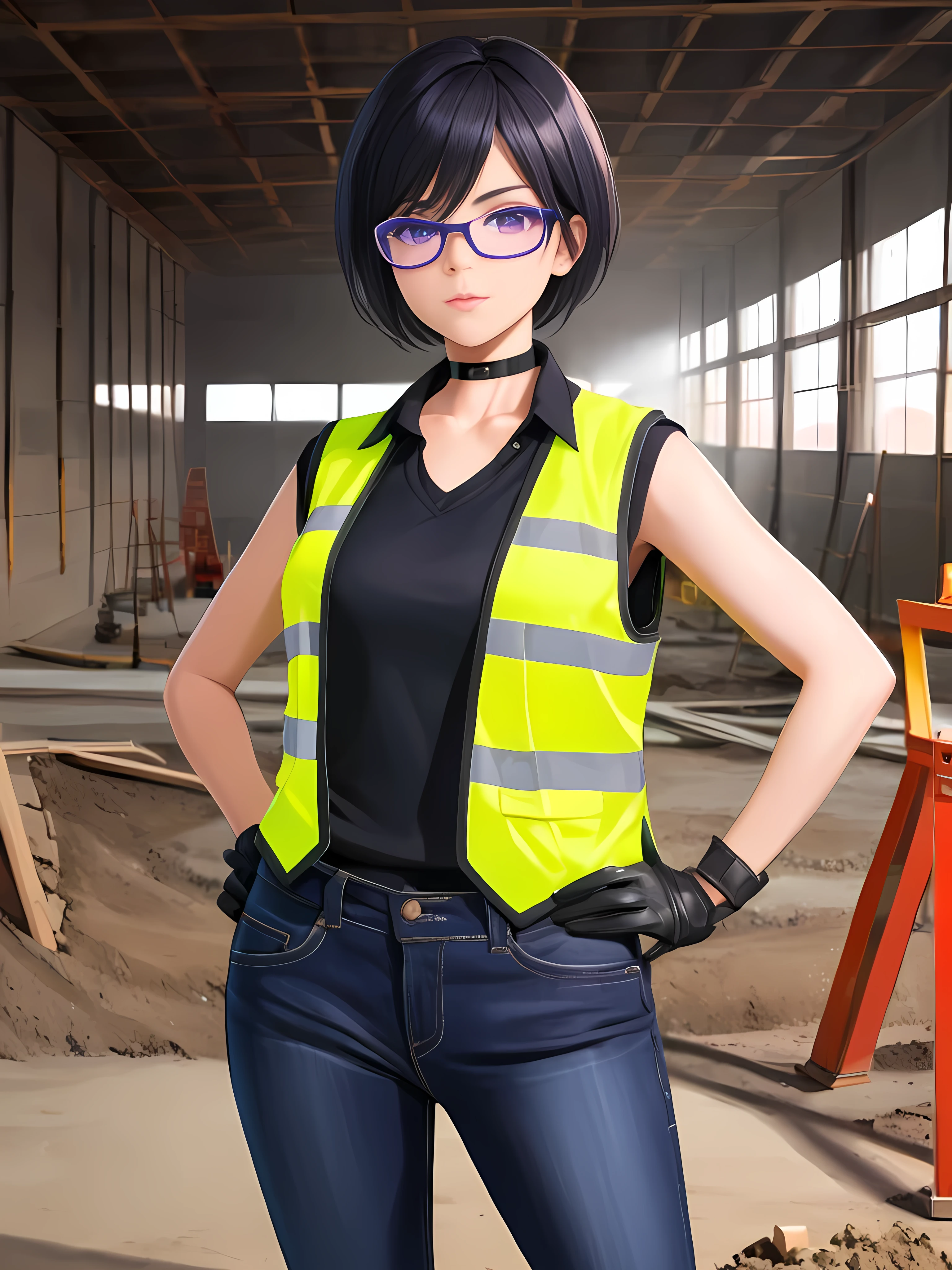 (Construction background:1.1), (Lighting:1.1), (Shadow:1.1), Tomboy Girl, Smart, Mature, Sexy, Short black hair, Black Plain chokers, purple pupil eyes, Wearing sleek black spandex under Construction Vest, Wear Gloves, Wear Boot, Wear Construction Safety Eye Glass, Wear Long Jeans, hands on hips.