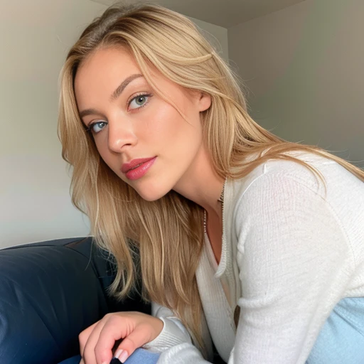 Belle blonde aux grands cheveux yeux bleus environ 22 ans portant un pull de couleur rouge sensuelle et faisant un geste coquin de la bouche assise sur une chaise dans