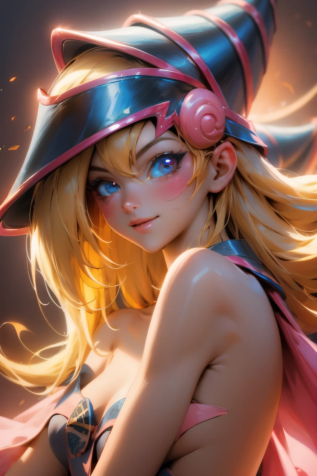 Hermoso rostro de dark magician gils, ojos azules. Labios rosados. Cabello rubio y largo. Ombros descubiertos, sonrisa angelical, hermoso rostro bien detallados de dark magician gils. Nude. Hot. Sexy. Nude
