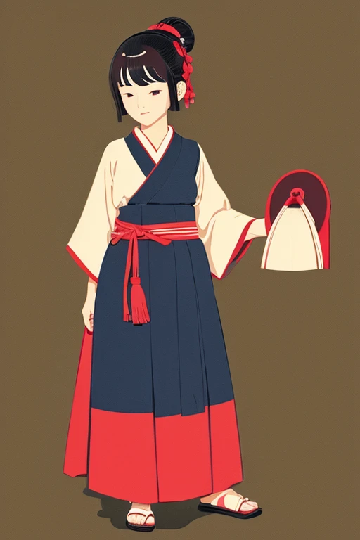 draw a simple ukiyoe of japanese miko girl with very small eyes,fullbody