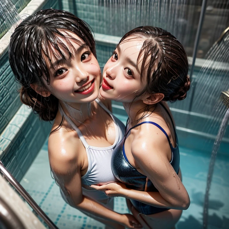 SFW, (Snapshot of girls having fun, open shower room by the pool), Braid hair, With bangs、(School Swimwear), the body is covered with juice、Sweating、be sweaty、Wet pearl skin, ((Wet swimsuit)), Perfect Lighting, Clear Focus, (bokeH:1.4), Roundly butts, { (shower:1.6) | (Kissing face to face) | Overflowing Gigantic sideboob | Butt cruck | (from above:1.4) }, hidden hands . BREAK (NOGIZAKA girls) ((Extremely Detailed very KAWAII face variations)), perfect anatomy, Childish, captivating gaze, elaborate detailed Eyes with (sparkling highlights:1.28), long eyelashes、Glossy RED Lips with beautiful details, Coquettish tongue, Rosy cheeks . { (Dynamic joyful expressions) | (:d) }, (no large eyes) . (close-up:1.28)