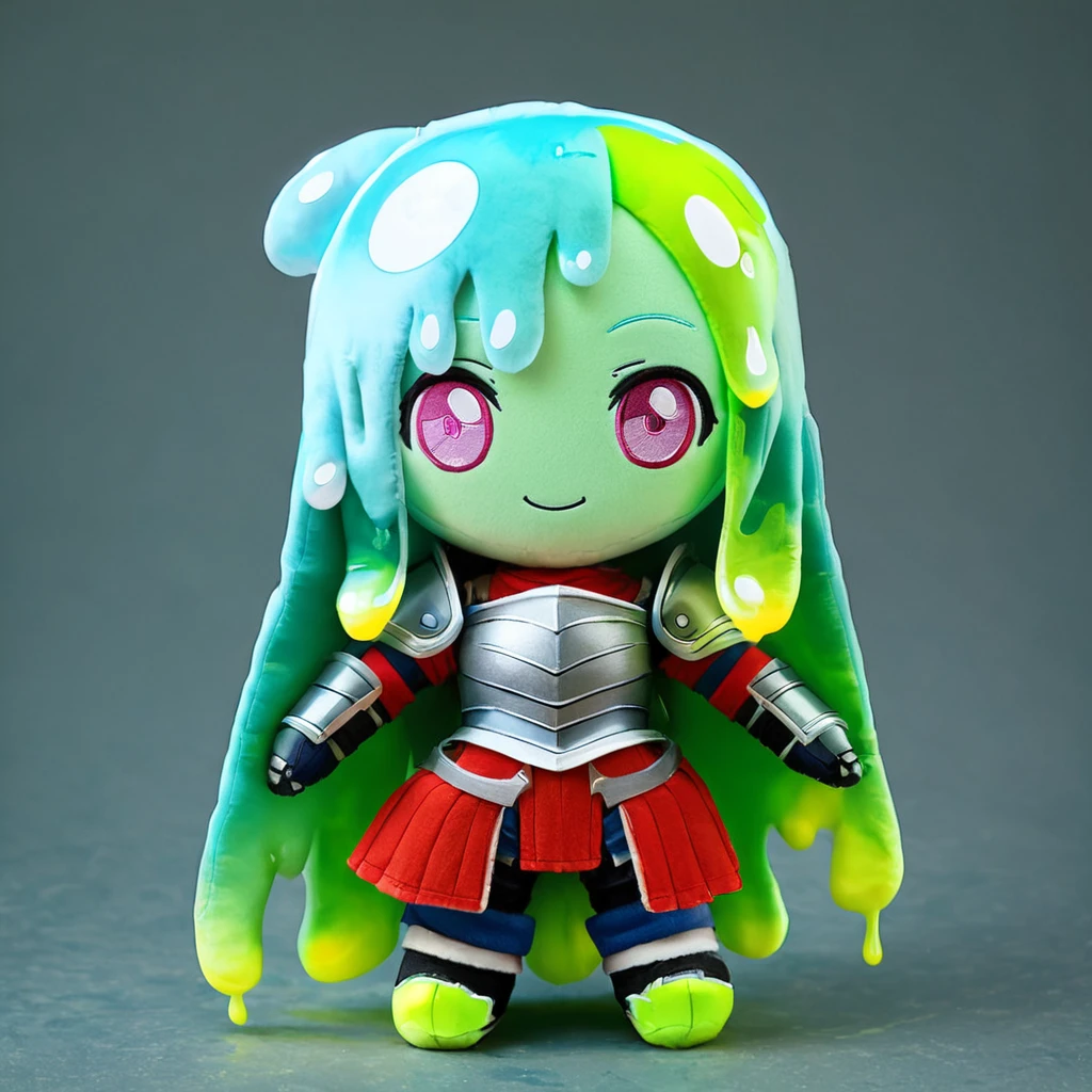 score_9, score_8_up, score_7_up, rating_safe, plushify, character stuffed toy, chibi, BREAK slime girl, 1girl, (armor:1.2), green skin, slime hair, solo, rating_safe, smile
