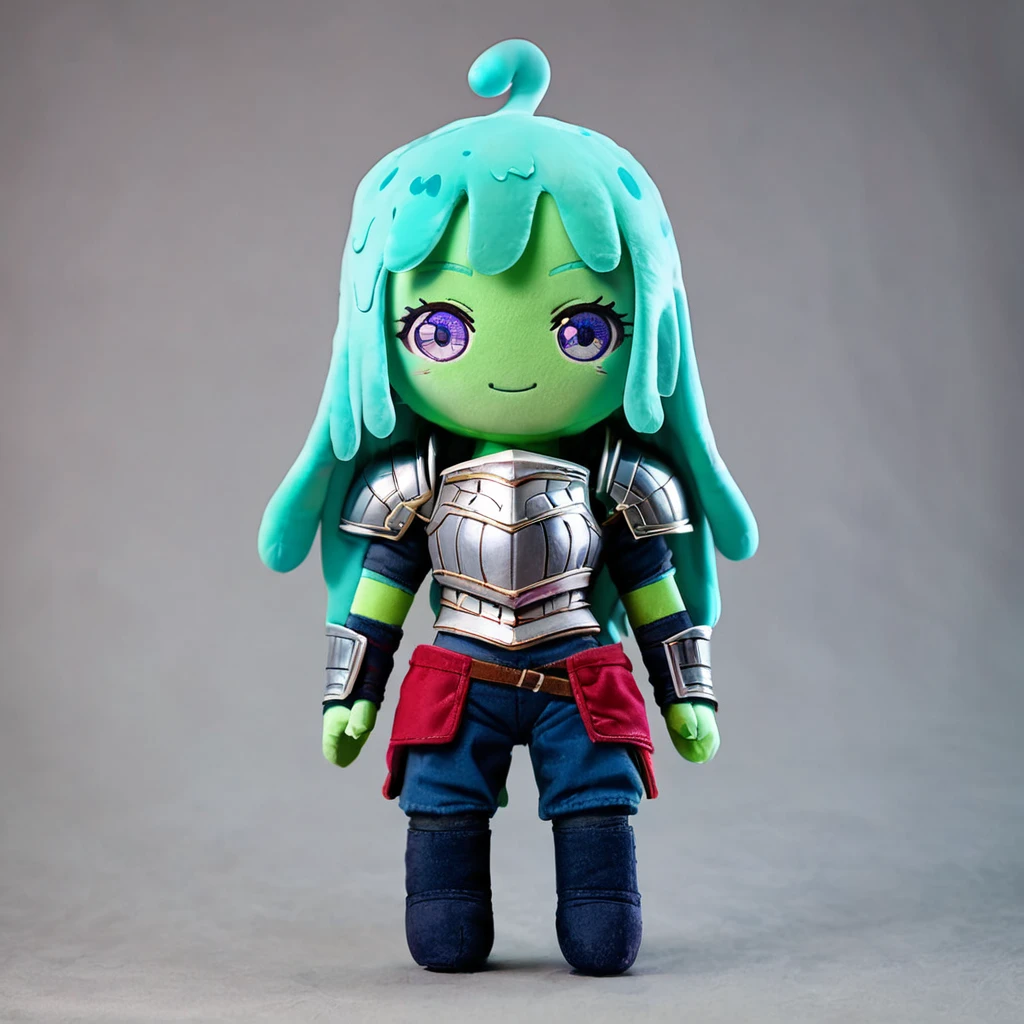 score_9, score_8_up, score_7_up, rating_safe, plushify, character stuffed toy, chibi, BREAK slime girl, 1girl, (armor:1.2), green skin, slime hair, solo, rating_safe, smile