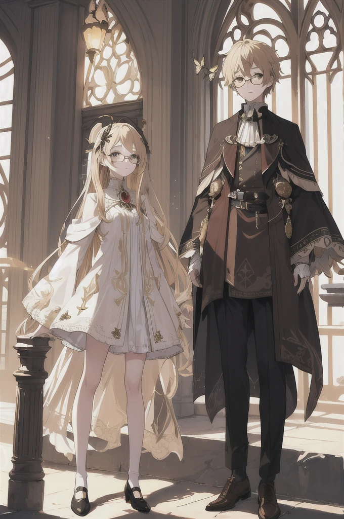 (masterpiece、top-quality、illustratio、Extremely high quality、high-level image quality、Extremely sensitive writing)A girl standing in the library, She has long, slight wave light blonde hair,She wears her hair in a half up, half down wedding style and her bangs long layered hairstyles with curtain,In her hair, she has a hairpin in the shape of a small butterfly, but the butterfly is decorated with gear details, she has amber eyes, outfit is pale brown and brown with a cosmic latte shirt inside and embroidered plaid dress in espresso color and short woolen cloak bronze color and on her woolen cloak with a pair of knee-length socks and black shoes,wears a pair of round glasses and frames are quite thin