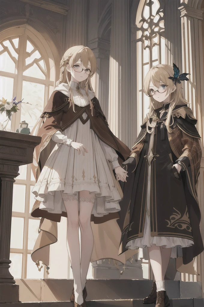 (masterpiece、top-quality、illustratio、Extremely high quality、high-level image quality、Extremely sensitive writing)A girl standing in the library, She has long, slight wave light blonde hair,She wears her hair in a half up, half down wedding style and her bangs long layered hairstyles with curtain,In her hair, she has a hairpin in the shape of a small butterfly, but the butterfly is decorated with gear details, she has amber eyes, outfit is pale brown and brown with a cosmic latte shirt inside and embroidered plaid dress in espresso color and short woolen cloak bronze color and on her woolen cloak with a pair of knee-length socks and black shoes,wears a pair of round glasses and frames are quite thin