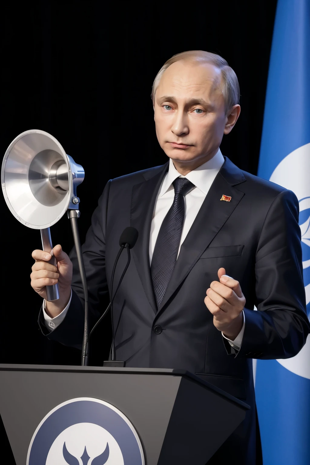 vladimir putin holding a portable megaphone looking forward giving an announcement on the podium, vector