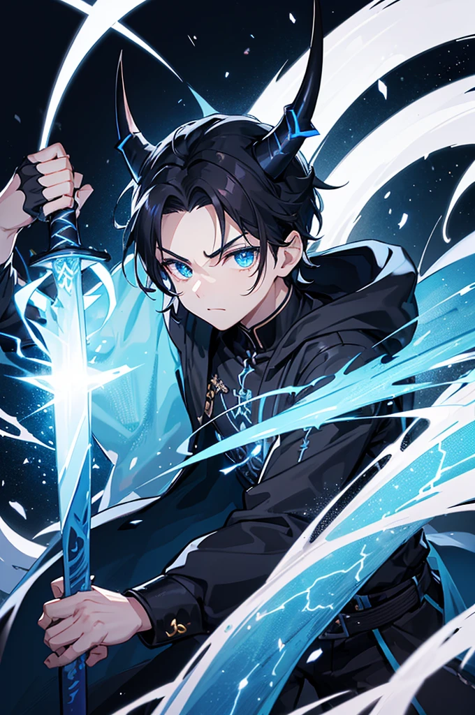 A young boy with dark clothes and dark hair, two small horns on top of his forehead, horns glowing blue with electricity around them, glowing blue eyes, wielding a katana sword, with electricity in the form of a dragon surrounding him, dark background, electricity, power, sword, action.A young boy with dark clothes and dark hair, with two small horns on the top of his forehead, horns lighting up in blue with electricity around the horns, blue eyes lighting up, wielding a katana sword, with electricity in the form of a dragon surrounding him, dark background, electricity, power, sword, action.