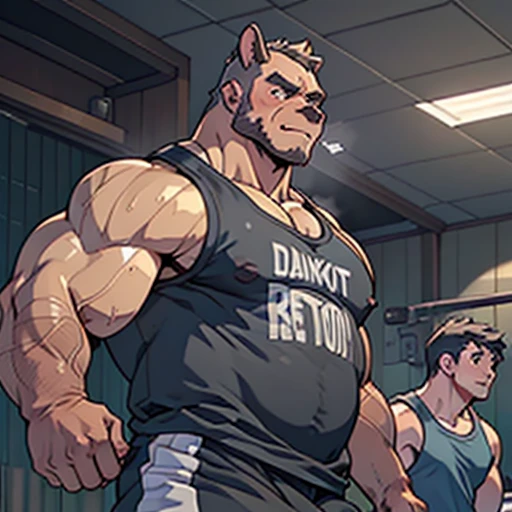 ((By Syuro)), ((dinosaur, scales, snout, Muscular male, big pecs, huge pecs, man , moobs, hyper muscle, nipple bulge, wide shoulders, purple scales, scales, detailed muscles, detailed)), ((determined expression, jogging, running, ((sweat, sweat drops, sweating, sweaty)), (basketball shorts, gym shorts, grey shorts), ((bulge, detailed bulge)), (tank top, black tank top), park scene))