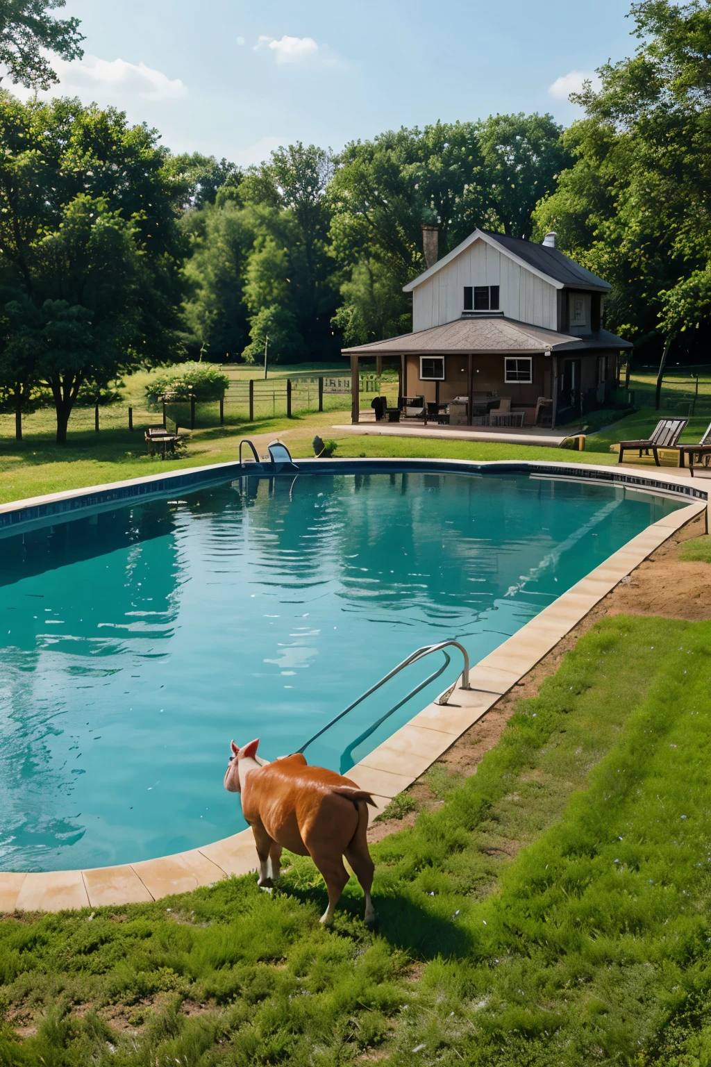 Farm house with pool, woodland, Moline, house of animal look like chicken, pig, horse, also a park and a happy family