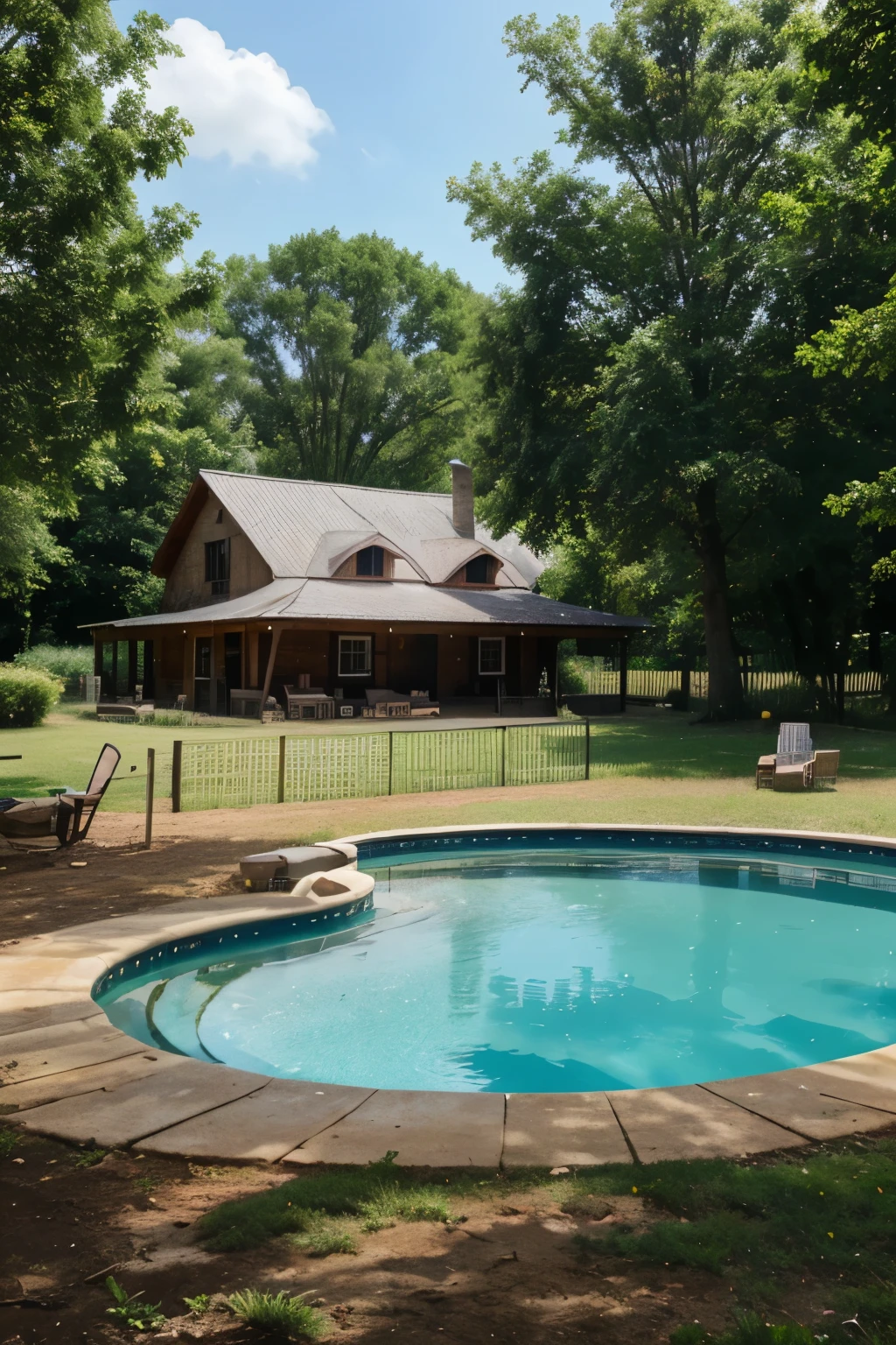 Farm house with pool, woodland, Moline, house of animal look like chicken, pig, horse, also a park and a happy family