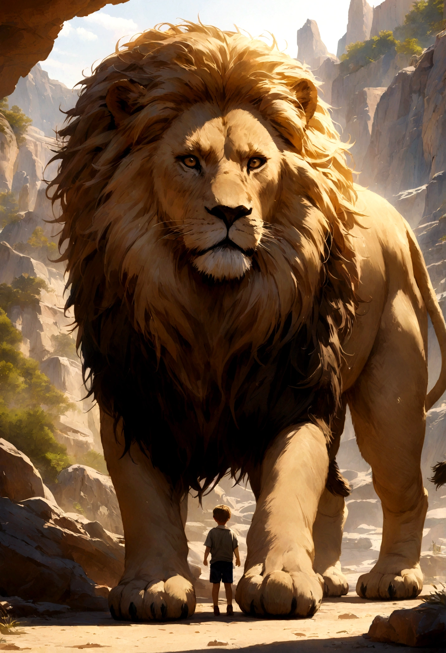 a lion protecting a young boy, cinematic and realistic image with a very detailed environment