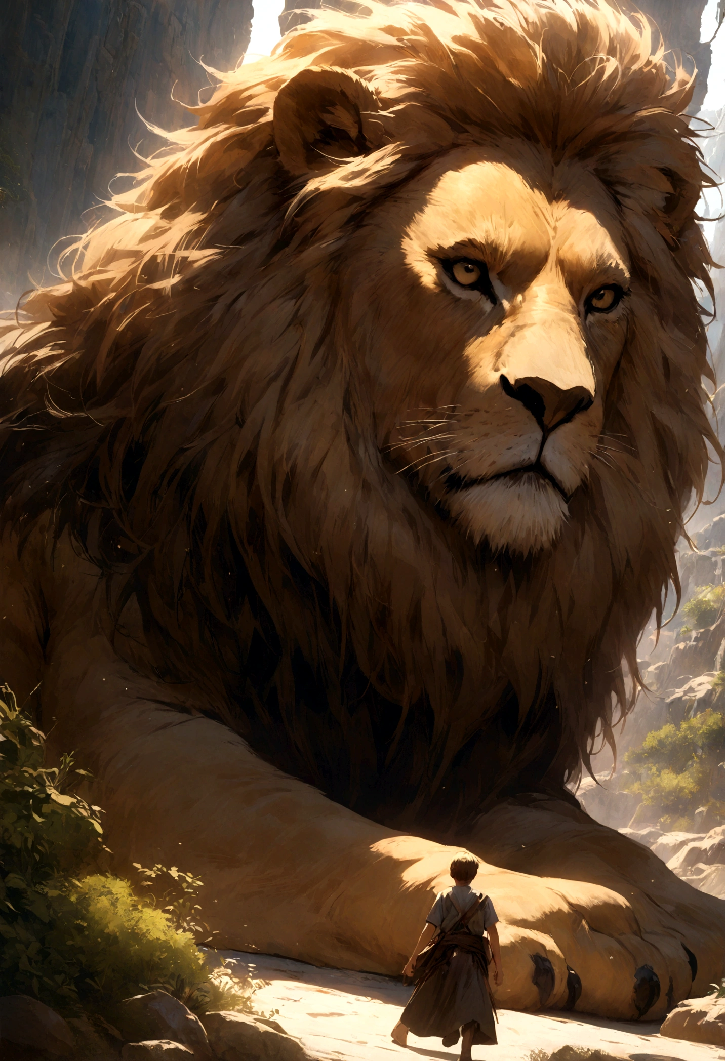 a lion protecting a young boy, cinematic and realistic image with a very detailed environment