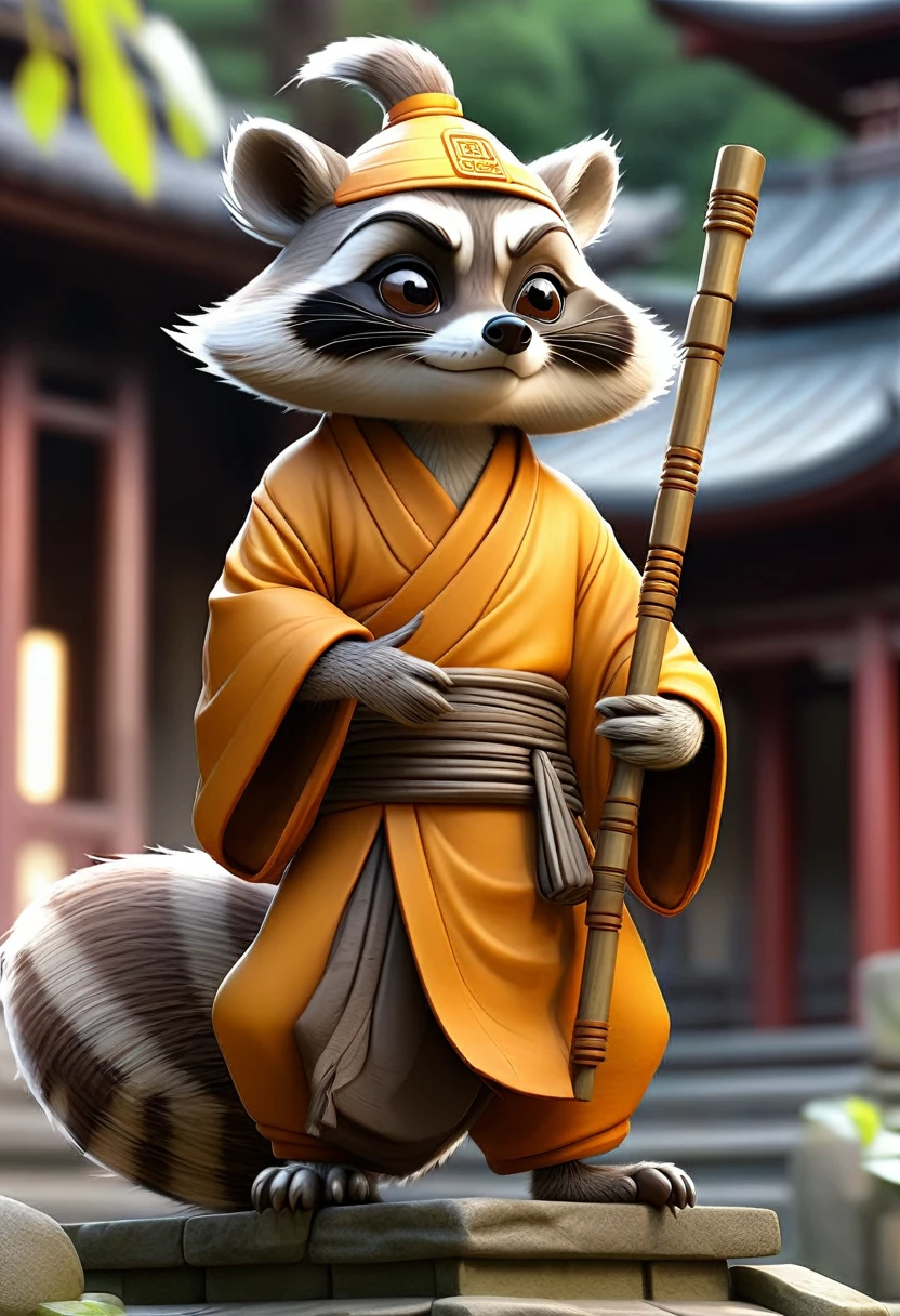 masterpiece, best quality, an anthropomorphic raccoon wearing a Buddhist monk robes and holding a long staff inside the Buddhist temple courtyard, drawn by pencil, digital art, art by Hiromu Arakawa, Osamu Tezuka, 8 k, beautiful drawing, highly detailed, concept art, sharp focus, ultra realistic illustration, anime++