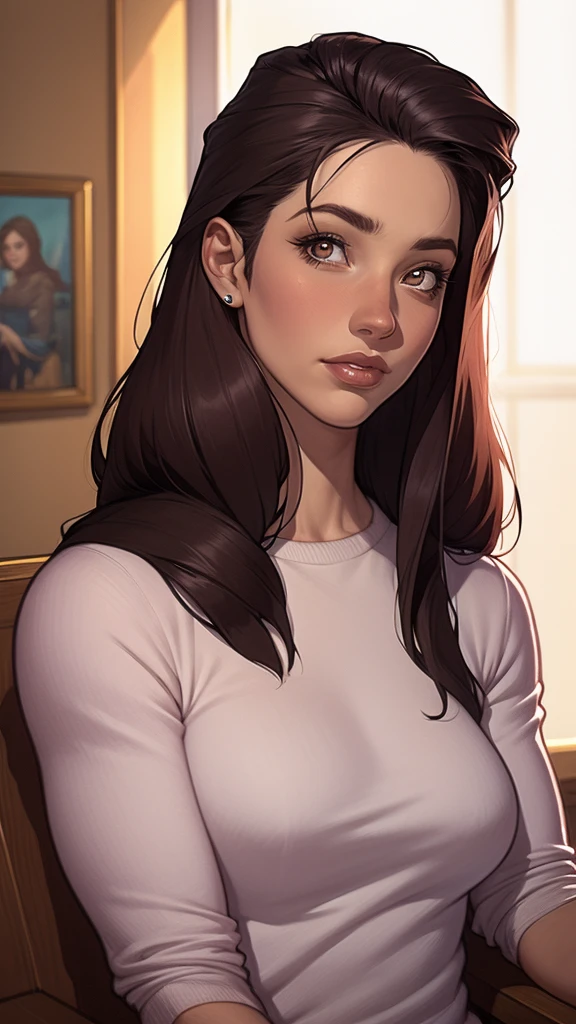 Close-up of a woman with long hair and a sweater, cabelo castanho encaracolado, linda modelo, retrato de alta qualidade, medium portrait soft light, parece a jovem liv tyler, retrato colorido, linda mulher, cabelo loiro cacheado | d & d, beautiful portrait lighting, uma linda jovem, modelo muito lindo, Retrato de 50mm, medium - long cabelo castanho encaracolado