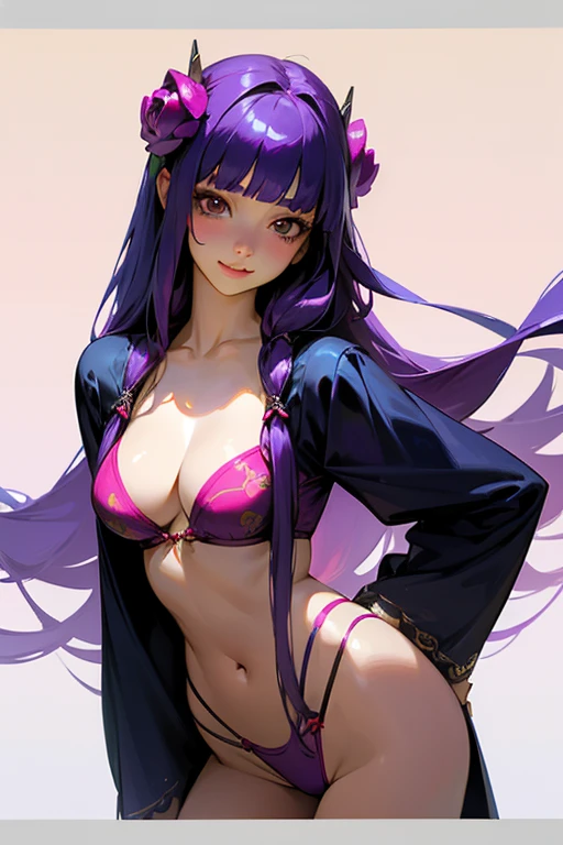 Face close-up、1 girl, Blunt bangs, Wide sleeves, hair ornaments,Swimwear、(Purple Hair:1.2), Very long hair, Straight hair, Looking at the audience, Highly detailed background, (Realistic:1.2), Beautiful Eyes, Red eyeshadow, Written boundary depth，thigh, (Ulzzang-6500:0.7), Upper Body, (alone:1.2), Cleavage, Shiny skin、Hair blowing in the wind、Four fingers, One thumb、Rose、Floral pattern on clothes、drink alcohol、Keep your hands on your hips、Face close-up、close、Stick your butt out、Laugh gently、Swimwear、A kind smile、