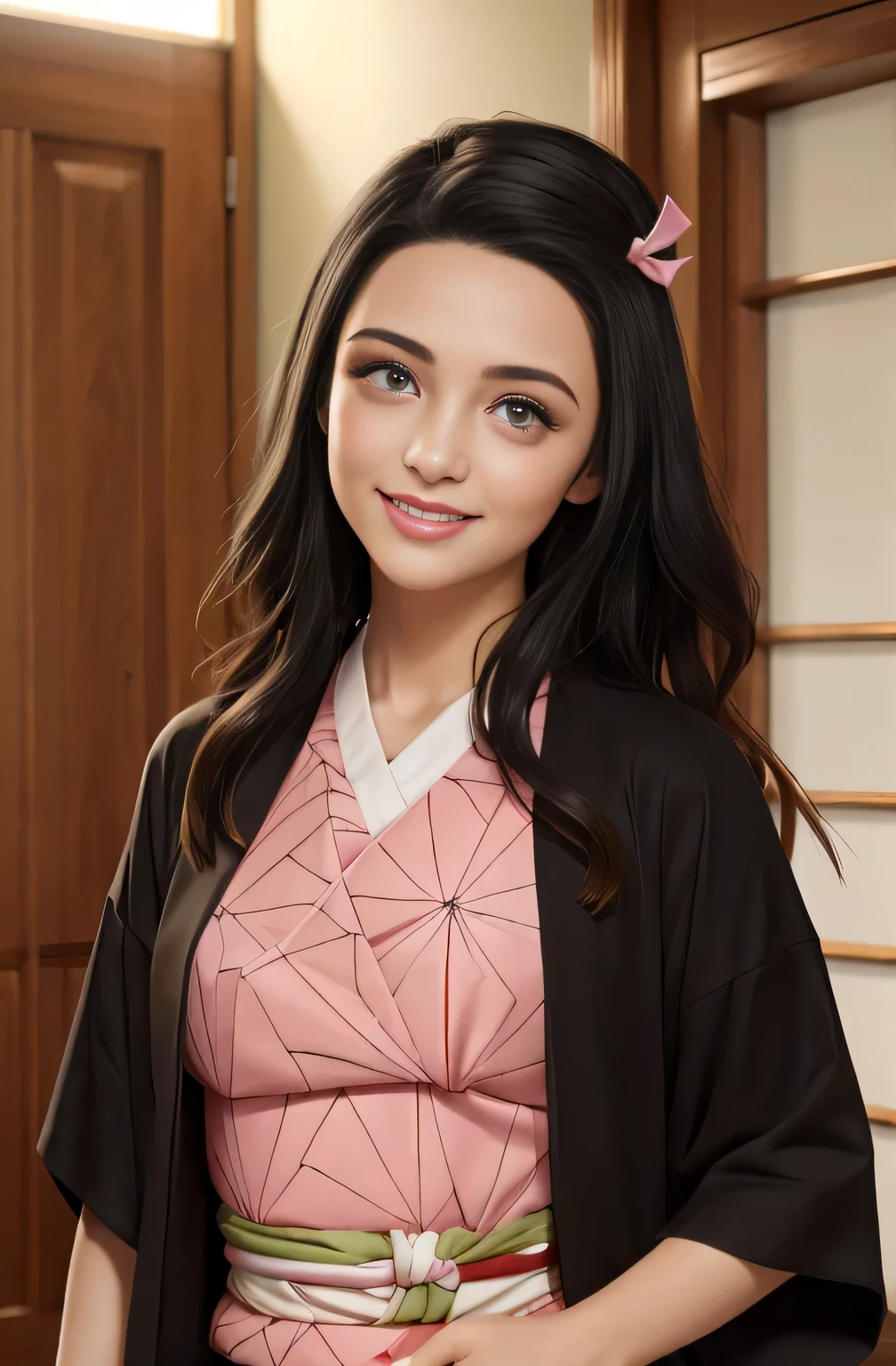 (ultra real), (ILLUSTRATION), (high resolution), (8K), (Muy detallado), (Best ILLUSTRATION), (Hermosos ojos detallados), (mejor calidad), (ultra detallado), (obra maestra), (fondo de pantalla), (cara detallada), Noche arriba la parte superior del cuerpo, helado,pelo largo,Solo,Chica con top de kimono simple, sudoroso, persona japonesa, grande , (dedo de camello) Nezuko Kamado, sonrisa coqueta,