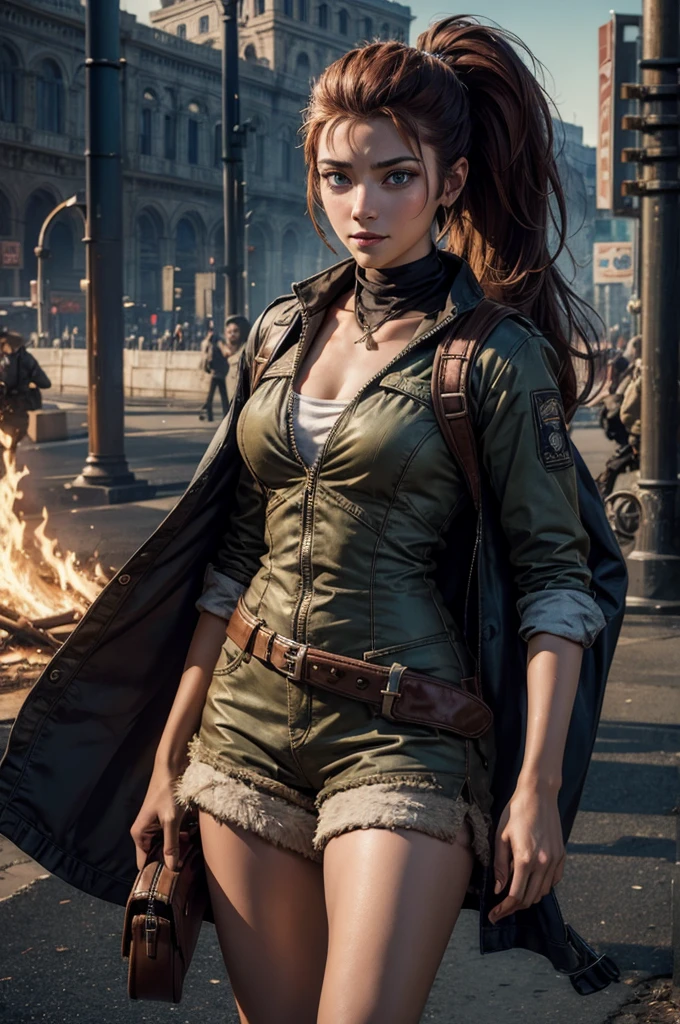 iliaamitola, ilia amitola, smiling, long hair, blue eyes, brown hair, ponytail, dark skin, dark-skinned female, BREAK khaki mini dress belts, BREAK outdoors, standing near river running next to colosseum, bonfires, wrecked vehicles, crowd, (crowd in military dress), post-apocalypse, dystopian future, crowd, (crowd in military uniforms), (volumetric lighting), best quality, masterpiece, intricate details, tonemapping, sharp focus, hyper detailed, BREAK looking at viewer, (cowboy shot:1.5), BREAK (masterpiece:1.2), best quality, high resolution, unity 8k wallpaper, (illustration:0.8), (beautiful detailed eyes:1.6), extremely detailed face, perfect lighting, extremely detailed CG, (perfect hands, perfect anatomy),