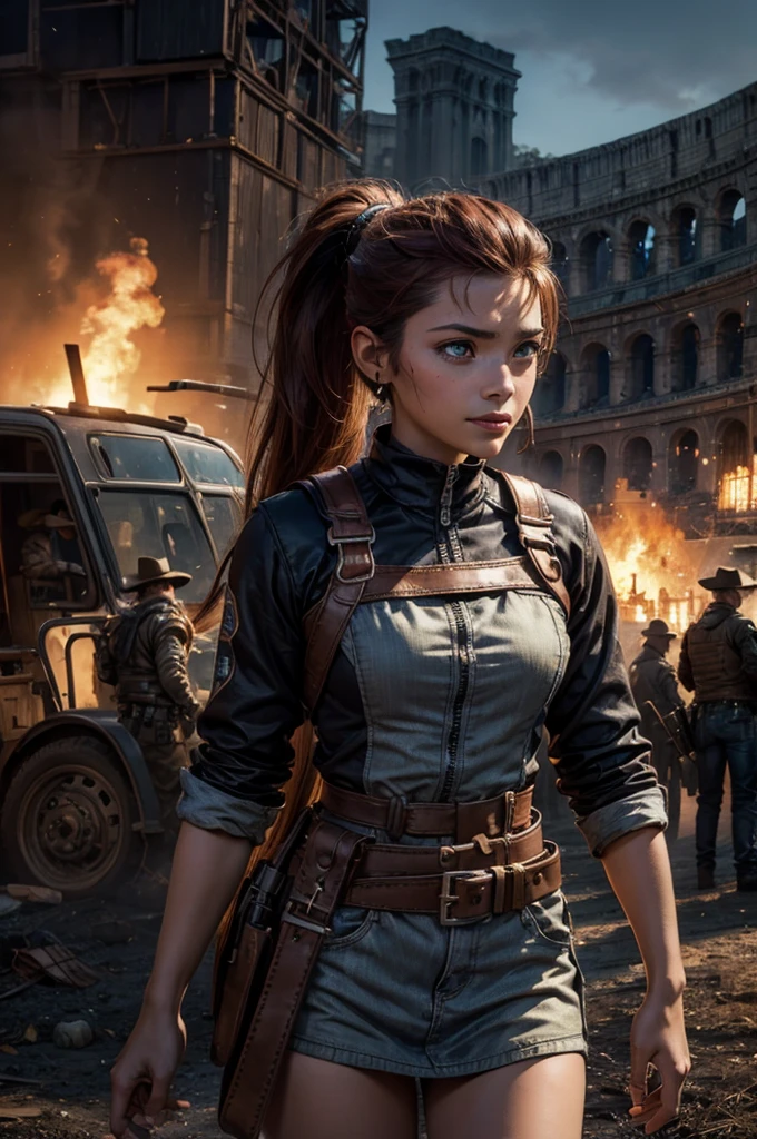 iliaamitola, ilia amitola, smiling, long hair, blue eyes, brown hair, ponytail, dark skin, dark-skinned female, BREAK khaki mini dress belts, BREAK outdoors, standing near river running next to colosseum, bonfires, wrecked vehicles, crowd, (crowd in military dress), post-apocalypse, dystopian future, crowd, (crowd in military uniforms), (volumetric lighting), best quality, masterpiece, intricate details, tonemapping, sharp focus, hyper detailed, BREAK looking at viewer, (cowboy shot:1.5), BREAK (masterpiece:1.2), best quality, high resolution, unity 8k wallpaper, (illustration:0.8), (beautiful detailed eyes:1.6), extremely detailed face, perfect lighting, extremely detailed CG, (perfect hands, perfect anatomy),