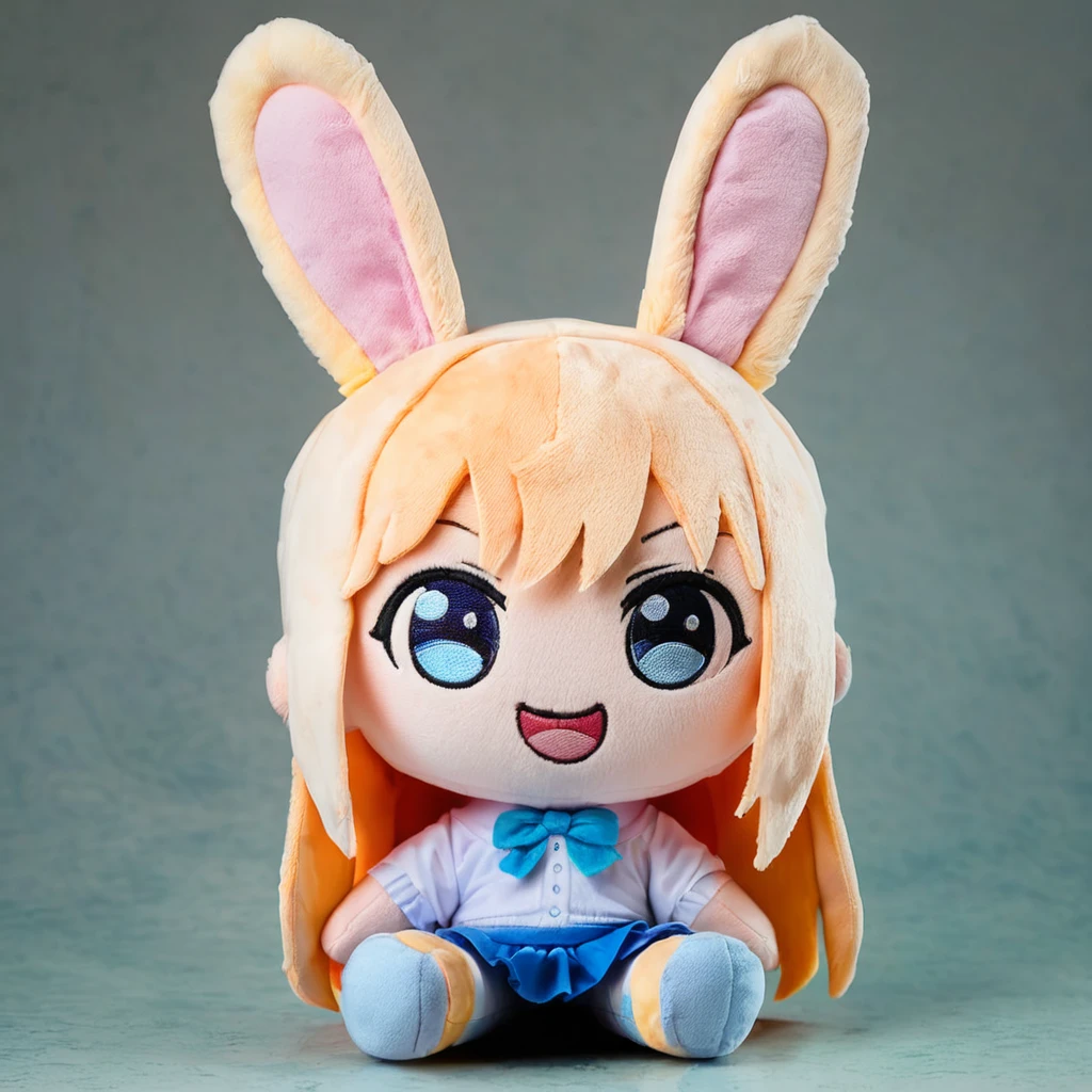score_9, score_8_up, score_7_up, rating_safe, plushify, character stuffed toy, chibi, BREAK Best girl, rabbit ears, skirt, forest background, absurdres, solo, original, smile, open mouth