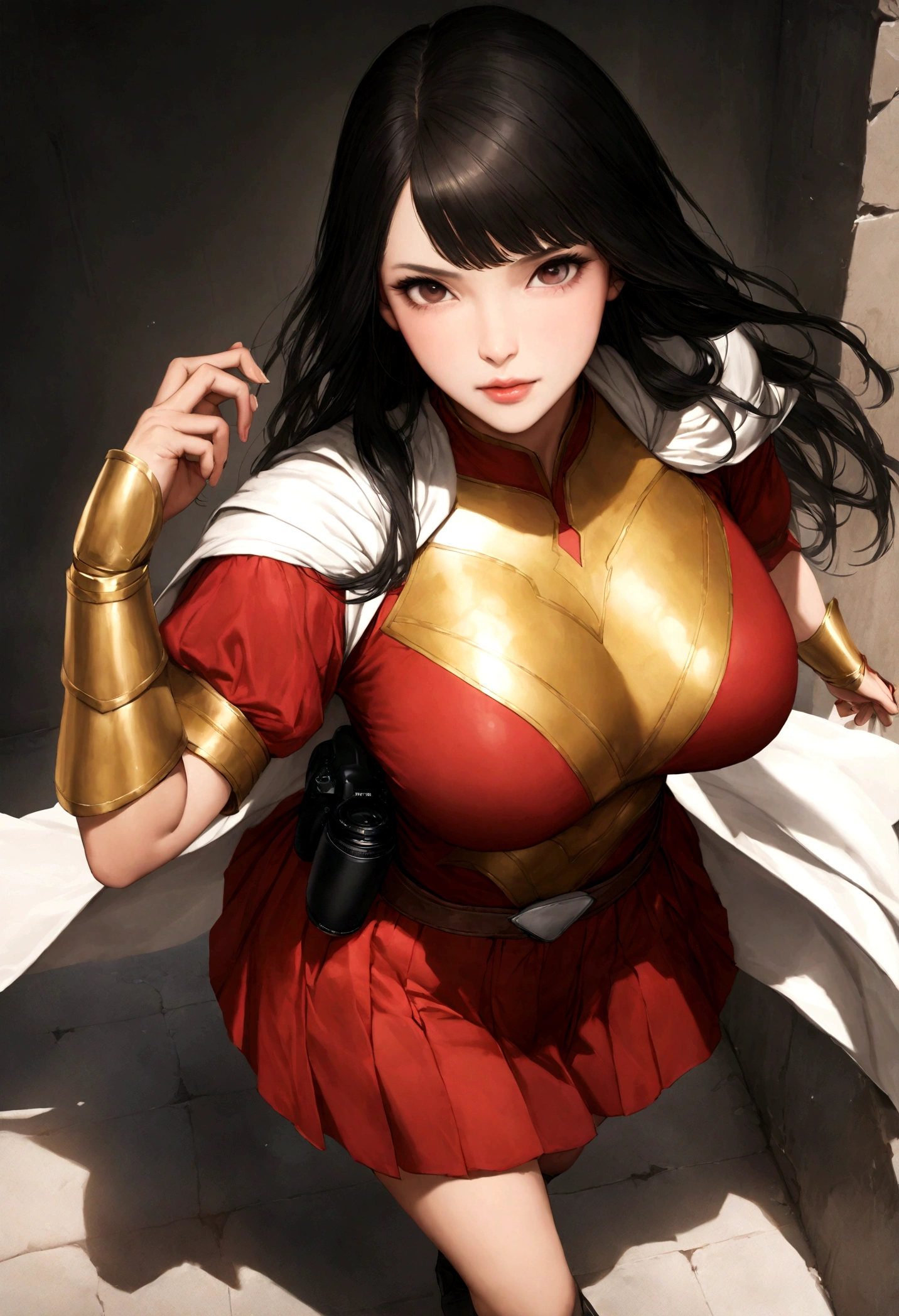 (ultra realistic,32k, masterpiece:1.2),(high detailed skin:1.1),( 8k uhd, dslr, high quality:1.1), 
Lucy Liu as Shazam. brown hair, long hair, white cape, red dress, red skirt, short sleeves, bracer , (huge breast:0.9), 
(looking at viewer, standing, from above:1.1),,
,(soft shaded:1.1),ebonheart citadel, shadowy stronghold, mysterious inhabitants, dark enchantments