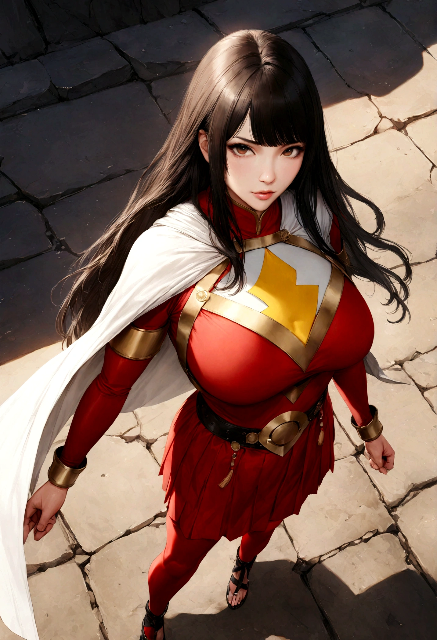 (ultra realistic,32k, masterpiece:1.2),(high detailed skin:1.1),( 8k uhd, dslr, high quality:1.1),
Lucy Liu as Shazam. brown hair, long hair, white cape, red dress, red skirt, short sleeves, bracer , (huge breast:0.9),
(looking at viewer, standing, from above:1.1),,
,(soft shaded:1.1),ebonheart citadel, shadowy stronghold, mysterious inhabitants, dark enchantments