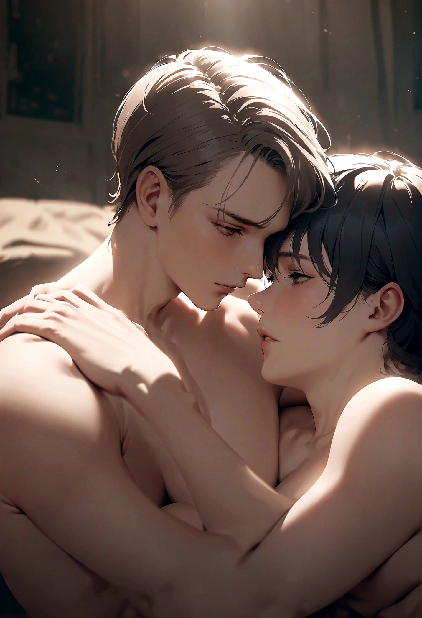 a sensual intimate scene between two young male lovers, exquisite anatomy, chiaroscuro lighting, moody tones, cinematic composition, soft focus, highly detailed, 8k, hyper realistic, photographic