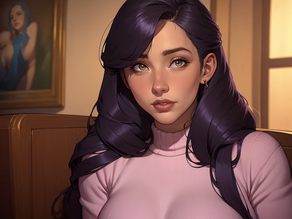 Close-up of a woman with long hair and a sweater, cabelo castanho encaracolado, linda modelo, retrato de alta qualidade, medium portrait soft light, parece a jovem liv tyler, retrato colorido, linda mulher, cabelo loiro cacheado | d & d, beautiful portrait lighting, uma linda jovem, modelo muito lindo, Retrato de 50mm, medium - long cabelo castanho encaracolado