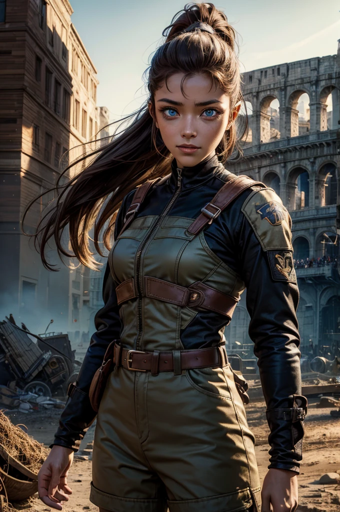 iliaamitola, ilia amitola, smiling, long hair, blue eyes, brown hair, ponytail, dark skin, dark-skinned female, BREAK khaki mini dress belts, BREAK outdoors, standing near river running next to colosseum, bonfires, wrecked vehicles, crowd, (crowd in military dress), post-apocalypse, dystopian future, crowd, (crowd in military uniforms), (volumetric lighting), best quality, masterpiece, intricate details, tonemapping, sharp focus, hyper detailed, BREAK looking at viewer, (cowboy shot:1.5), BREAK (masterpiece:1.2), best quality, high resolution, unity 8k wallpaper, (illustration:0.8), (beautiful detailed eyes:1.6), extremely detailed face, perfect lighting, extremely detailed CG, (perfect hands, perfect anatomy),