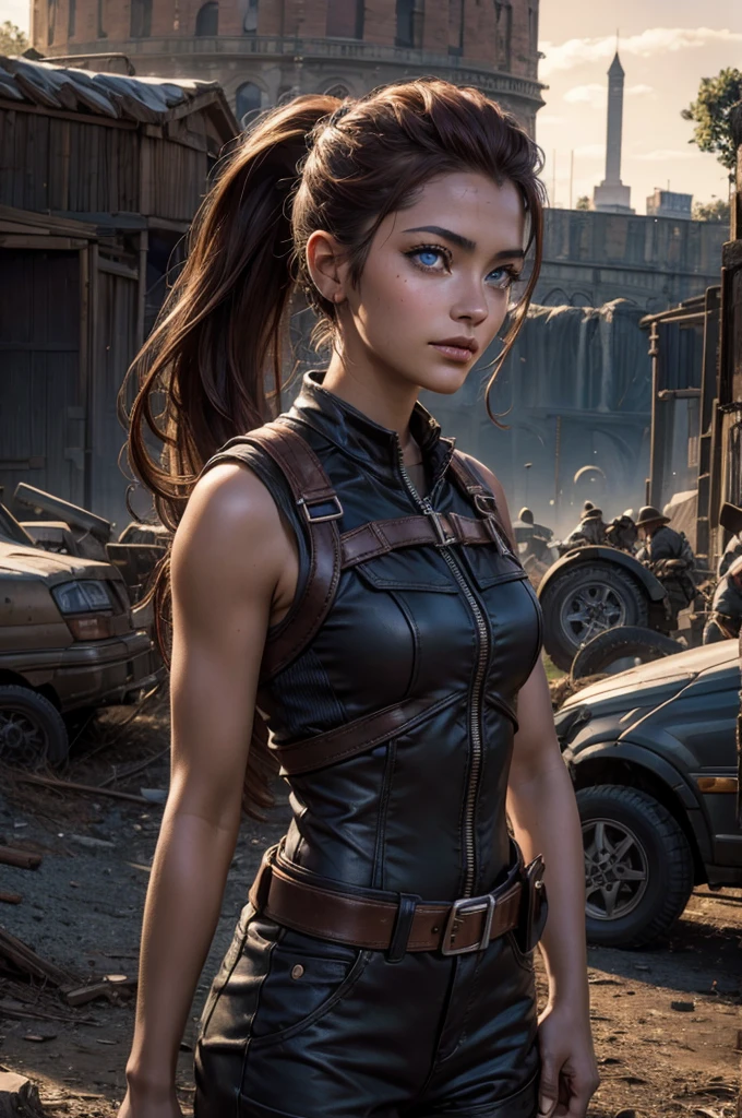 
iliaamitola, ilia amitola, smiling, long hair, blue eyes, brown hair, ponytail, dark skin, dark-skinned female, BREAK khaki mini dress belts, BREAK outdoors, standing near river running next to colosseum, bonfires, wrecked vehicles, crowd, (crowd in military dress), post-apocalypse, dystopian future, crowd, (crowd in military uniforms), (volumetric lighting), best quality, masterpiece, intricate details, tonemapping, sharp focus, hyper detailed, BREAK looking at viewer, (cowboy shot:1.5), BREAK (masterpiece:1.2), best quality, high resolution, unity 8k wallpaper, (illustration:0.8), (beautiful detailed eyes:1.6), extremely detailed face, perfect lighting, extremely detailed CG, (perfect hands, perfect ???????), 
