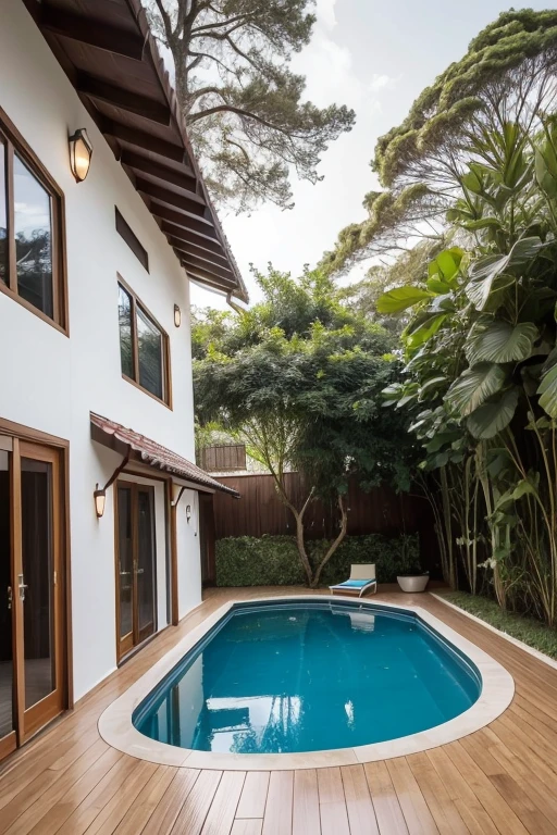 Uma casa de dois andres bem ilumidada, no meio do mato, with an in-ground pool in front