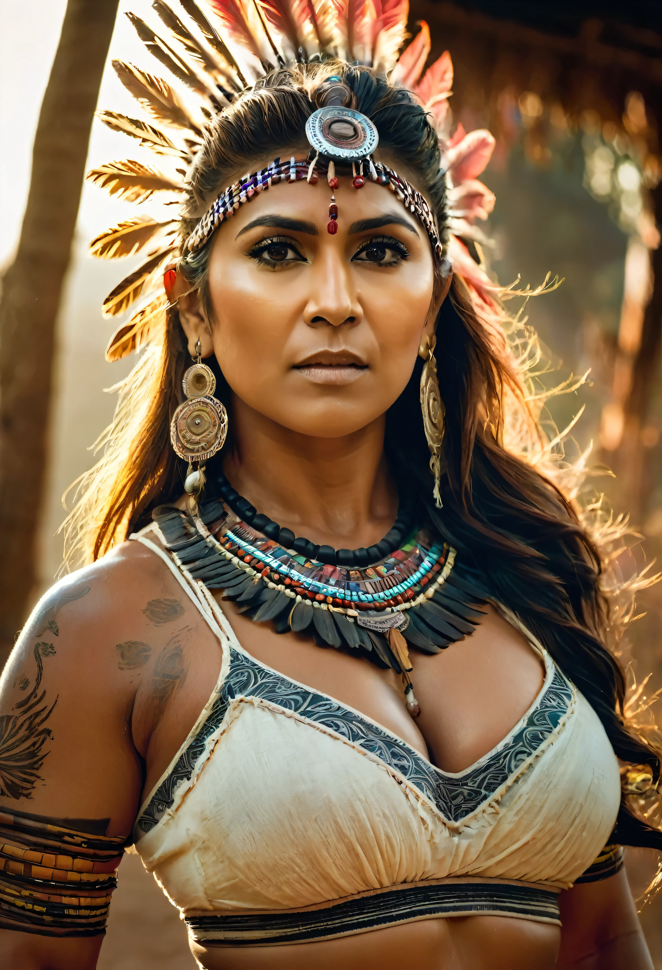 Foto RAW, looks like Nayanthara, excessive sweating, thick figure, curvy, milf, 50 years old Woman, tattoo in the middle of her breast, with realistic Indian headdress , tribal girl, stunning looks, tribal headdress, tattoos, colourful tribal tattoos, tribal white girl, Polynesian tribe, best quality , best cinematic colour grading, detailed lighting,  high resolution  , (pele altamente detalhada: 1.2), 8k UHD, DSLR, soft-lighting, alta qualidade, grain of film, Fujifilm XT3, highly detailed armpits, armpits hair,  fully naked, nipples covered by hai, skin pores, skin texture, high quality skin, 