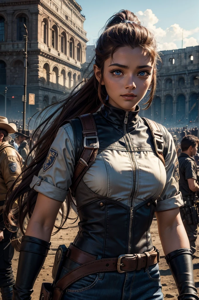 
iliaamitola, ilia amitola, smiling, long hair, blue eyes, brown hair, ponytail, dark skin, dark-skinned female, BREAK khaki mini dress belts, BREAK outdoors, standing near river running next to colosseum, bonfires, wrecked vehicles, crowd, (crowd in military dress), post-apocalypse, dystopian future, crowd, (crowd in military uniforms), (volumetric lighting), best quality, masterpiece, intricate details, tonemapping, sharp focus, hyper detailed, BREAK looking at viewer, (cowboy shot:1.5), BREAK (masterpiece:1.2), best quality, high resolution, unity 8k wallpaper, (illustration:0.8), (beautiful detailed eyes:1.6), extremely detailed face, perfect lighting, extremely detailed CG, (perfect hands, perfect ???????), 
