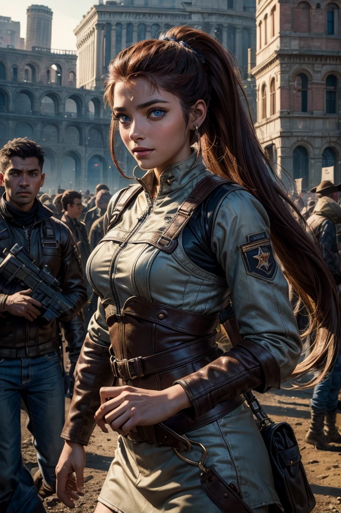 iliaamitola, ilia amitola, smiling, long hair, blue eyes, brown hair, ponytail, dark skin, dark-skinned female, BREAK khaki mini dress belts, BREAK outdoors, standing near river running next to colosseum, bonfires, wrecked vehicles, crowd, (crowd in military dress), post-apocalypse, dystopian future, crowd, (crowd in military uniforms), (volumetric lighting), best quality, masterpiece, intricate details, tonemapping, sharp focus, hyper detailed, BREAK looking at viewer, (cowboy shot:1.5), BREAK (masterpiece:1.2), best quality, high resolution, unity 8k wallpaper, (illustration:0.8), (beautiful detailed eyes:1.6), extremely detailed face, perfect lighting, extremely detailed CG, (perfect hands, perfect anatomy),