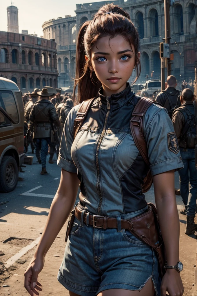 
iliaamitola, ilia amitola, smiling, long hair, blue eyes, brown hair, ponytail, dark skin, dark-skinned female, BREAK khaki mini dress belts, BREAK outdoors, standing near river running next to colosseum, bonfires, wrecked vehicles, crowd, (crowd in military dress), post-apocalypse, dystopian future, crowd, (crowd in military uniforms), (volumetric lighting), best quality, masterpiece, intricate details, tonemapping, sharp focus, hyper detailed, BREAK looking at viewer, (cowboy shot:1.5), BREAK (masterpiece:1.2), best quality, high resolution, unity 8k wallpaper, (illustration:0.8), (beautiful detailed eyes:1.6), extremely detailed face, perfect lighting, extremely detailed CG, (perfect hands, perfect anatomy), 
