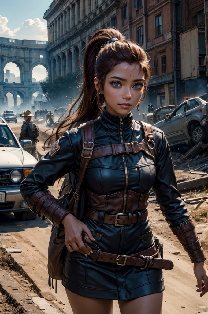 
iliaamitola, ilia amitola, smiling, long hair, blue eyes, brown hair, ponytail, dark skin, dark-skinned female, BREAK khaki mini dress belts, BREAK outdoors, standing near river running next to colosseum, bonfires, wrecked vehicles, crowd, (crowd in military dress), post-apocalypse, dystopian future, crowd, (crowd in military uniforms), (volumetric lighting), best quality, masterpiece, intricate details, tonemapping, sharp focus, hyper detailed, BREAK looking at viewer, (cowboy shot:1.5), BREAK (masterpiece:1.2), best quality, high resolution, unity 8k wallpaper, (illustration:0.8), (beautiful detailed eyes:1.6), extremely detailed face, perfect lighting, extremely detailed CG, (perfect hands, perfect anatomy), 
