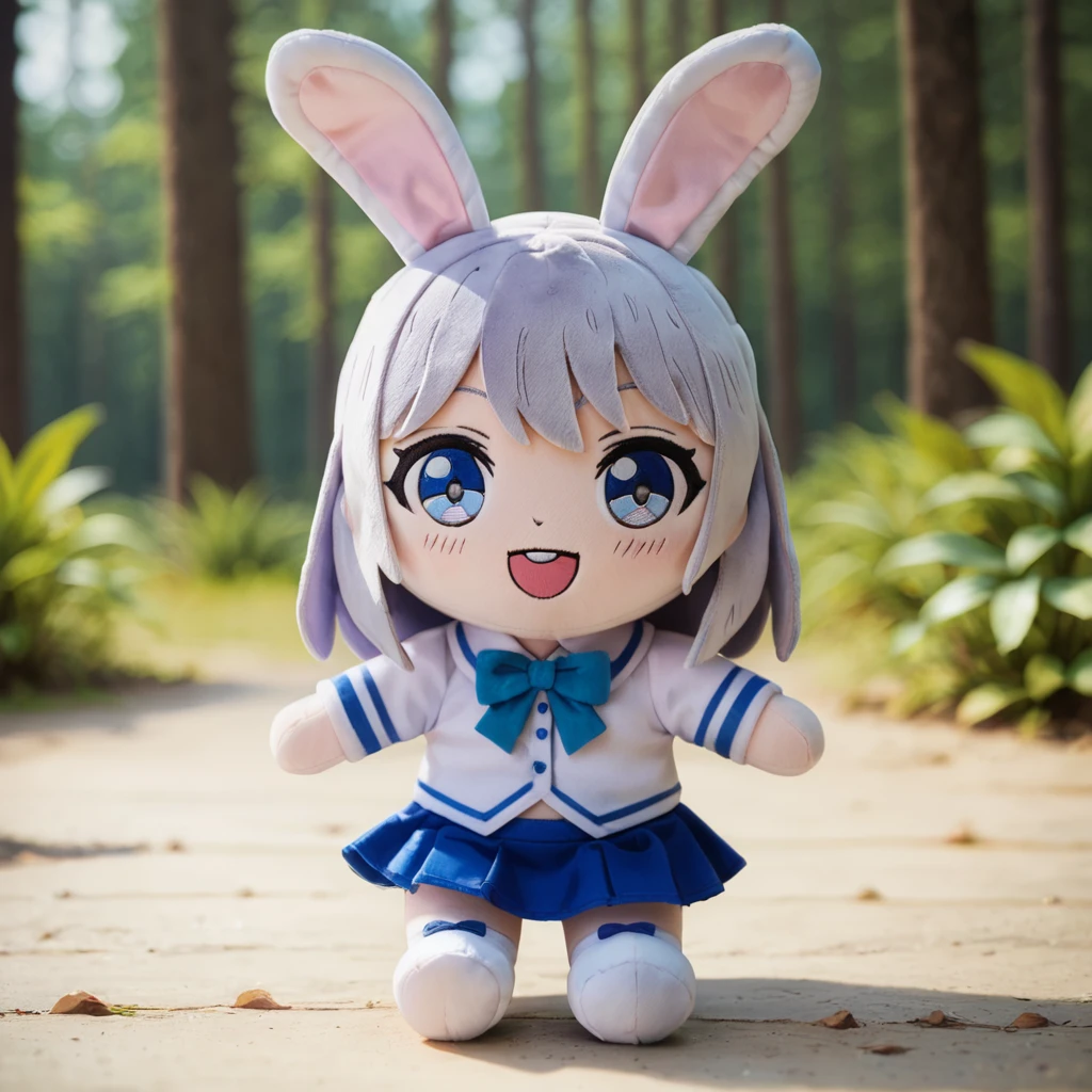 score_9, score_8_up, score_7_up, rating_safe, plushify, character stuffed toy, chibi, BREAK Best girl, rabbit ears, skirt, forest background, absurdres, solo, original, smile, open mouth