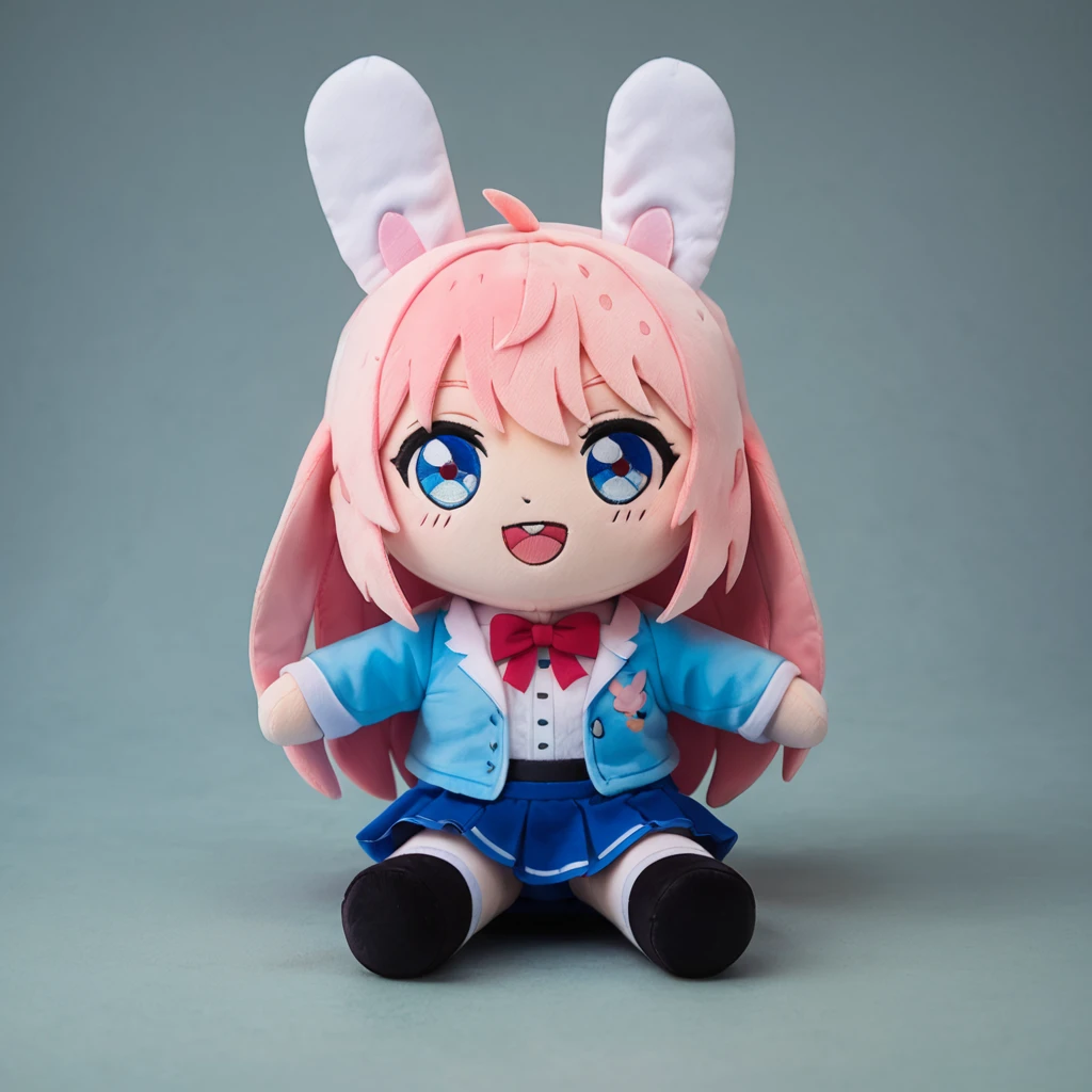 score_9, score_8_up, score_7_up, rating_safe, plushify, character stuffed toy, chibi, BREAK Best girl, rabbit ears, skirt, forest background, absurdres, solo, original, smile, open mouth