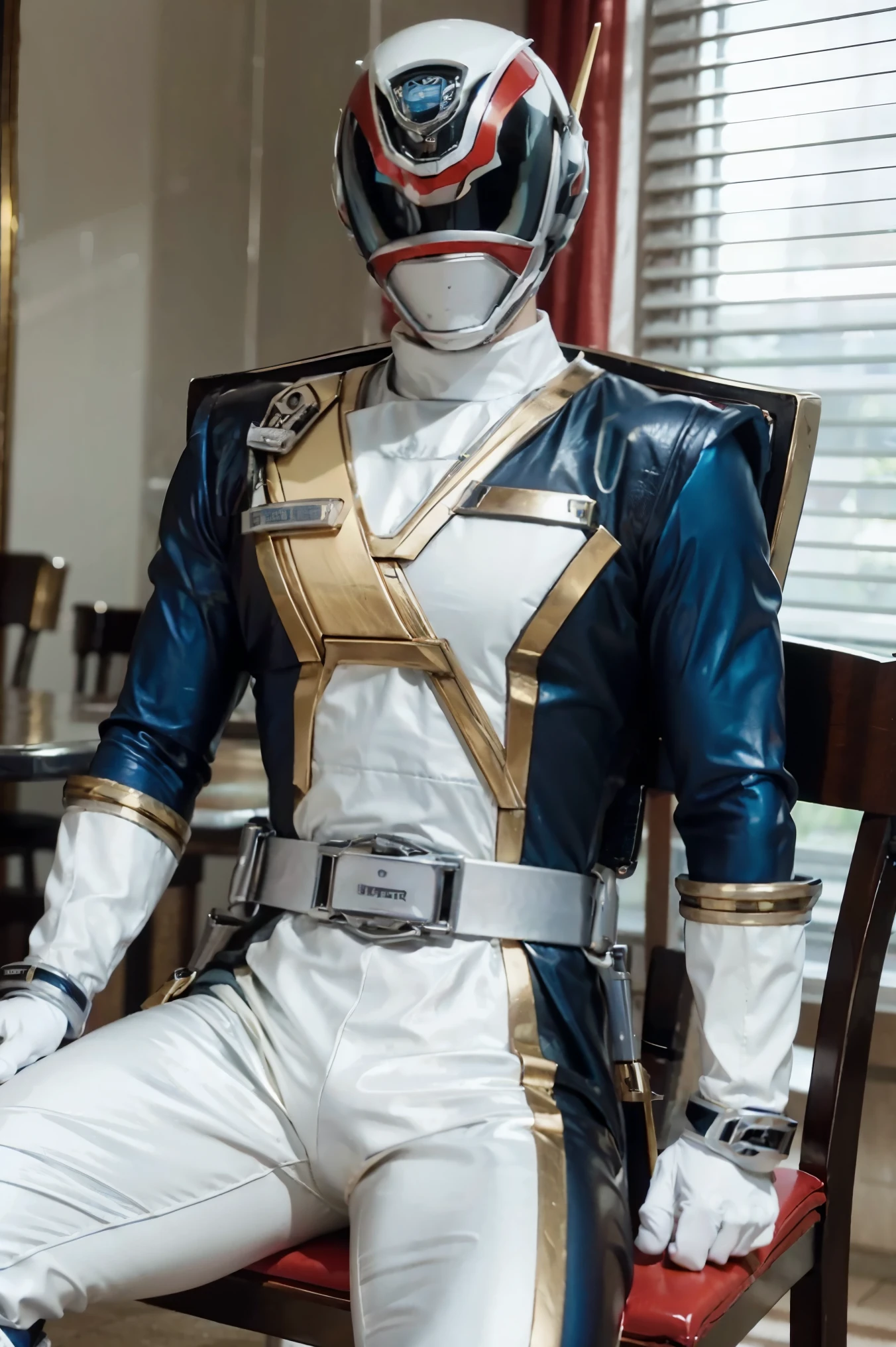 Fantasy background, cafe rpg style, empty chair, table, set of tea glass, (power rangers)), One guy、, ((white ranger suit)), red and blue chest armor with gold details, costume, Solo, ((fit figure)), (Anatomically correct), Cowboy shot, masked face, guns, muscular build