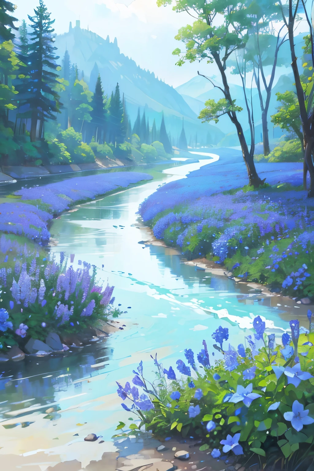 beautiful nature hazy river view blue flowers