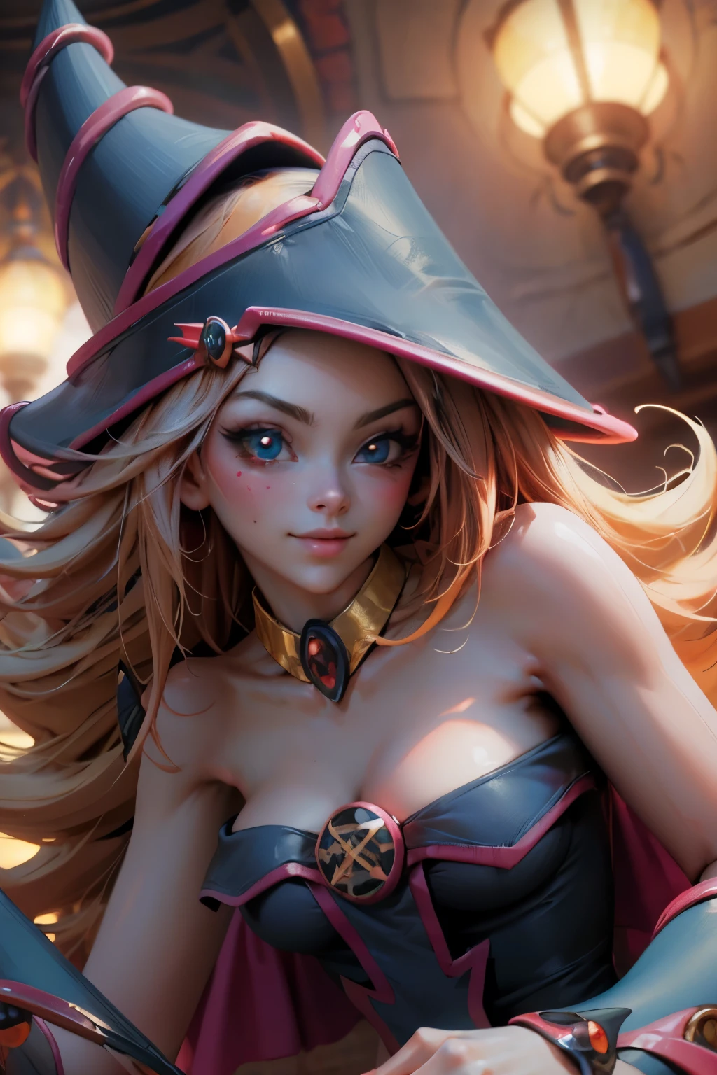 Hermoso rostro de dark magician gils, ojos azules. Labios rosados. Cabello rubio y largo. Ombros descubiertos, pechos desnudos. sonrisa angelical, hermoso rostro bien detallados de dark magician gils. Nude. Hot. Sexy. Nude 