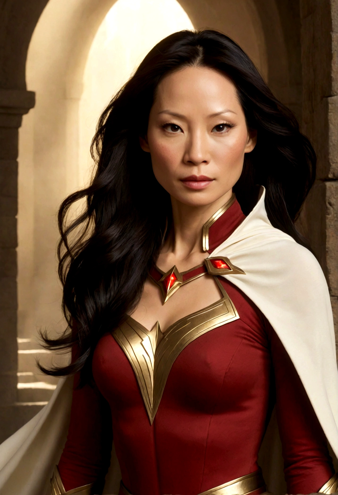 (ultra realistic,32k, masterpiece:1.2),(high detailed skin:1.1),( 8k uhd, dslr, high quality:1.1), 
Lucy Liu as Shazam. brown hair, long hair, white cape, Iconic red costume with white lightning bolt on chest
(looking at viewer, standing, from above:1.1),,
,(soft shaded:1.1),ebonheart citadel, shadowy stronghold, mysterious inhabitants, dark enchantments