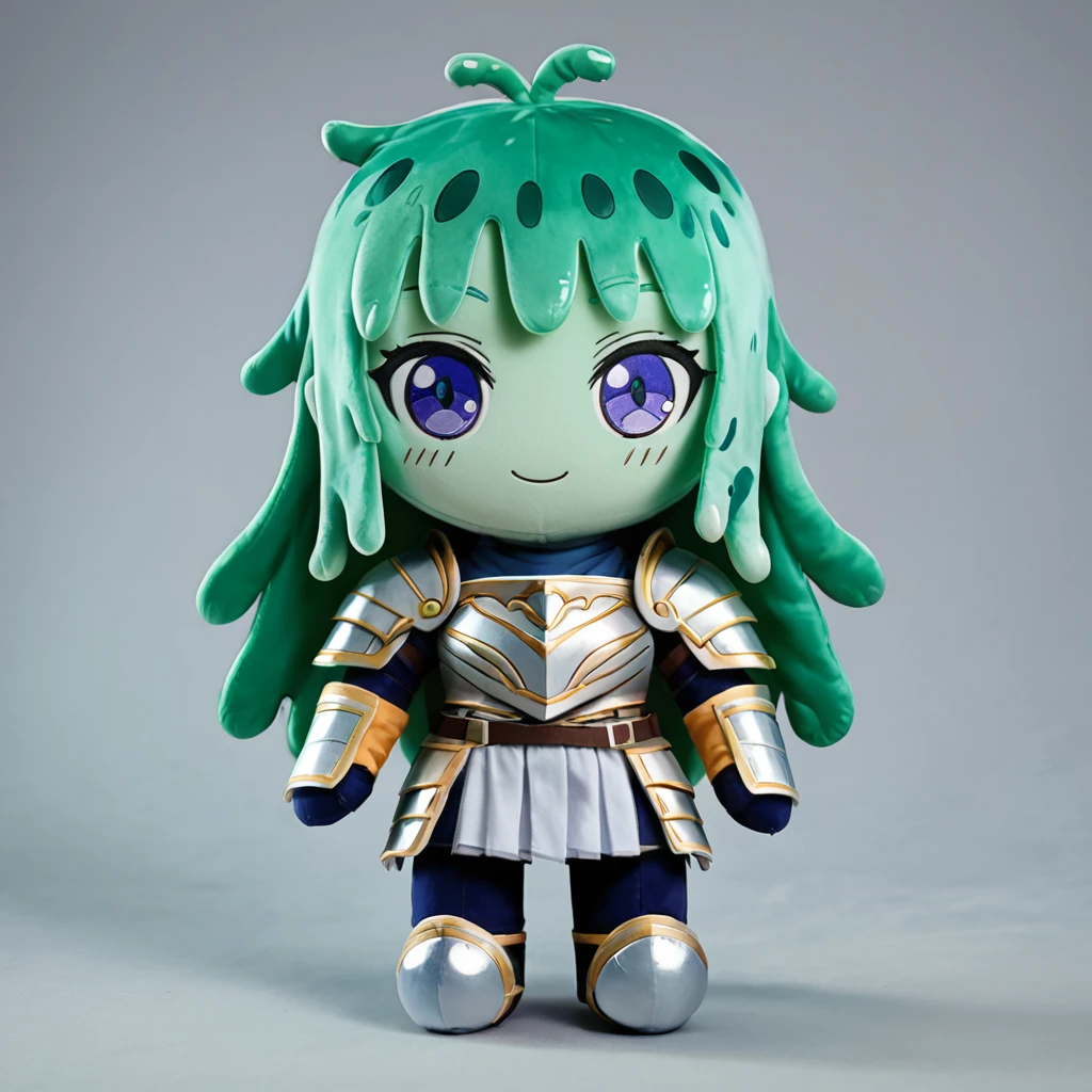 score_9, score_8_up, score_7_up, rating_safe, plushify, character stuffed toy, chibi, BREAK slime girl, 1girl, (armor:1.2), green skin, slime hair, solo, rating_safe, smile
