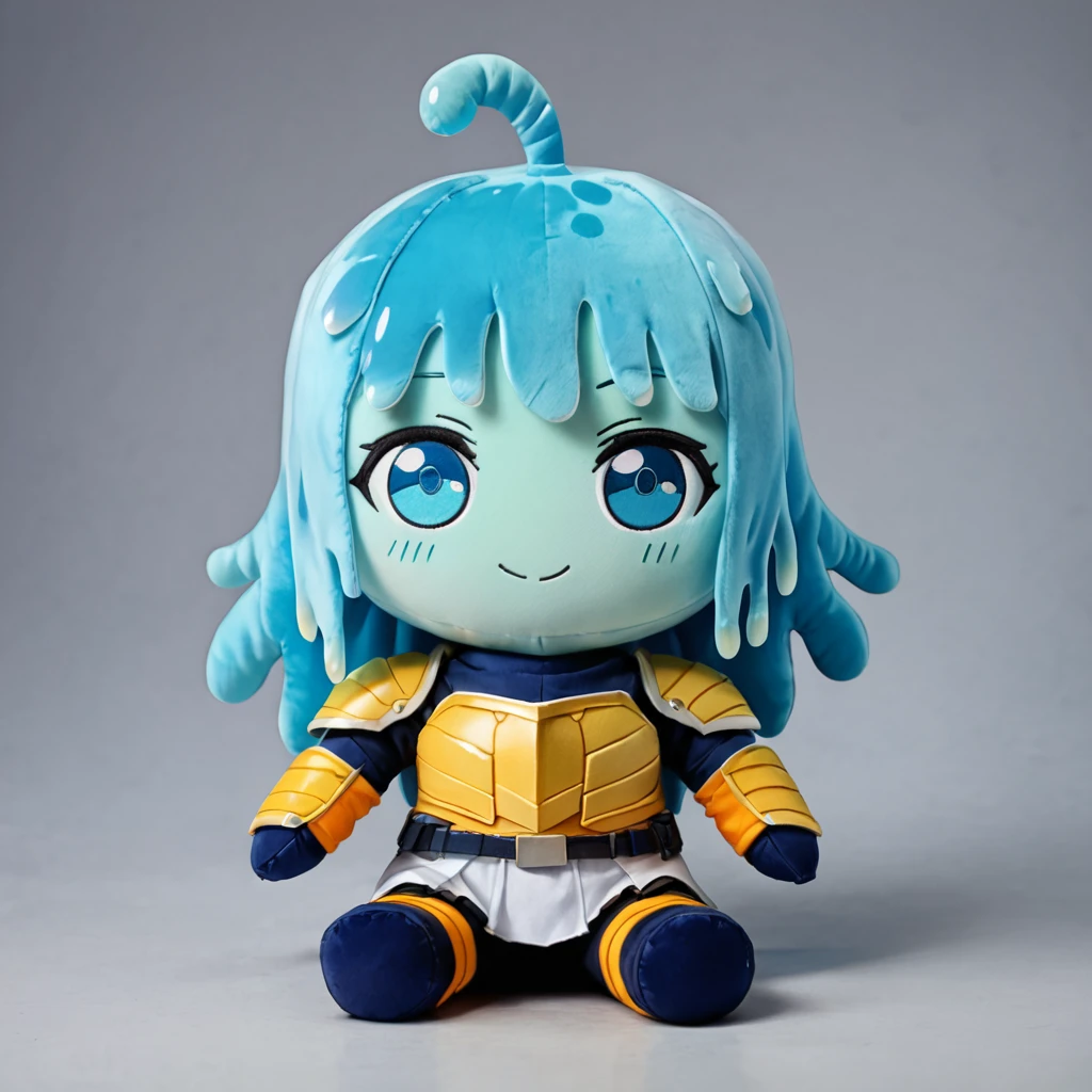 score_9, score_8_up, score_7_up, rating_safe, plushify, character stuffed toy, chibi, BREAK slime girl, 1girl, (armor:1.2), green skin, slime hair, solo, rating_safe, smile