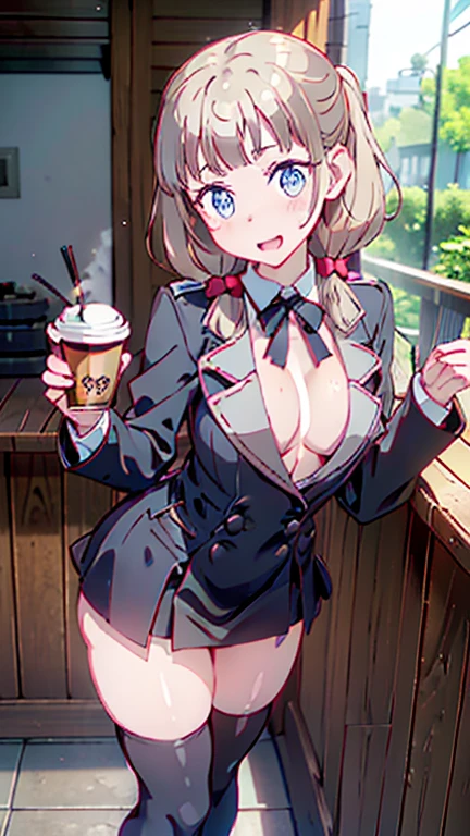 highest quality、(real、photorealistic:1.4)、(RAW photo:1.2,(Curve,Model,glamor:1.5),Beautiful breasts,(from below:1.2),(from side:0.9), ((Face)), (Close-Up:0.4), ((looking at viewer, holding a cup of coffee)), highest quality、(real、photorealistic:1.4)、(RAW photo:1.2),highest quality,(masterpiece),(((Whole body image))),(a 18yo girl), (Highly detailed face),Slightly round face, (Tan brown face:1.0), Boyish beauties, beautiful face, Beautiful lips,Baby Face,(Big eyes),((black,hair,long pony tail hair)),thin pubic hair,cute,lovely,(strong silver hair:1.2),(blunt bangs),(Brown skin:1.0),(Military uniform, bulletproof jacket),nice companion,delicate body、thin legs,beautiful black dress,black gloves, black thighhighs, white panties,(double breasted,under bust:1.2)in the kitchen Woman in survival mode,Sexy thighs,Heat,Sweat heavily,Tropical forests,During a break,sit cross-legged on the ground,The way the light shines is beautiful, Beautiful buttocks,(with sparkling eyes and a contagious smile),little open mouth,black suspenders,Bulging big,breasts,walls: Black miniskirt,garters,Gaze,Small face,bangss,holster,Beautuful Women,hands up,leg holster,Gaze,black boots panty shot, provocation,flank,flank sweat soio,arm,,narrow waist,(with sparkling eyes and a contagious smile),her thin pubic hair, looking at viewer, pose muy sexy"