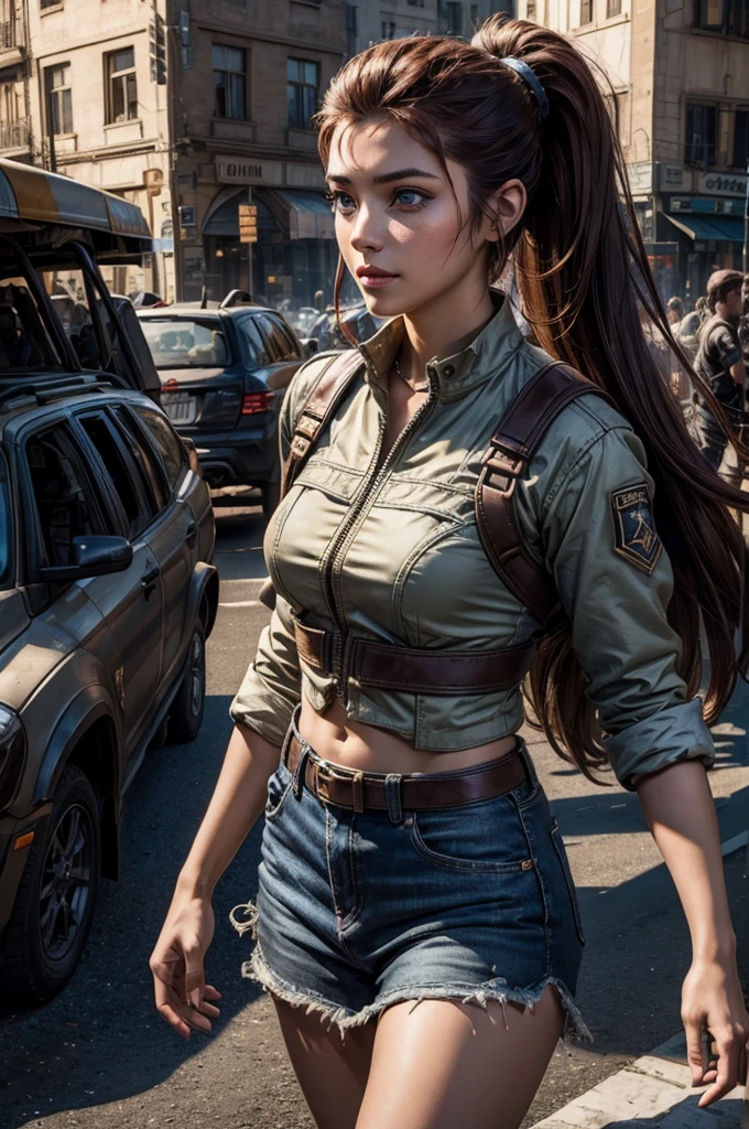 
iliaamitola, ilia amitola, smiling, long hair, blue eyes, brown hair, ponytail, dark skin, dark-skinned female, BREAK khaki mini dress belts, BREAK outdoors, walking along side river, bonfires, wrecked vehicles, crowd, (crowd in military dress), post-apocalypse, dystopian future, crowd, (crowd in military uniforms), (volumetric lighting), best quality, masterpiece, intricate details, tonemapping, sharp focus, hyper detailed, BREAK looking at viewer, (cowboy shot:1.5), BREAK (masterpiece:1.2), best quality, high resolution, unity 8k wallpaper, (illustration:0.8), (beautiful detailed eyes:1.6), extremely detailed face, perfect lighting, extremely detailed CG, (perfect hands, perfect anatomy), 
