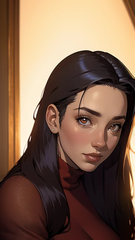 Close-up of a woman with long hair and a sweater, cabelo castanho encaracolado, linda modelo, retrato de alta qualidade, medium portrait soft light, parece a jovem liv tyler, retrato colorido, linda mulher, cabelo loiro cacheado | d & d, beautiful portrait lighting, uma linda jovem, modelo muito lindo, Retrato de 50mm, medium - long cabelo castanho encaracolado
